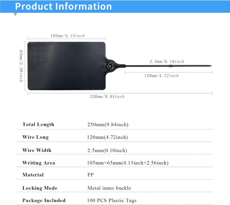 LeadSeals 100 Black Plastic Tags Shipping Tags Water Proof Tags for Labeling Shipping Labels Security Seals Writable Marker Ties Hanging Tags Storage Tag with One Marker Pen, 252*58 mm - Image 3